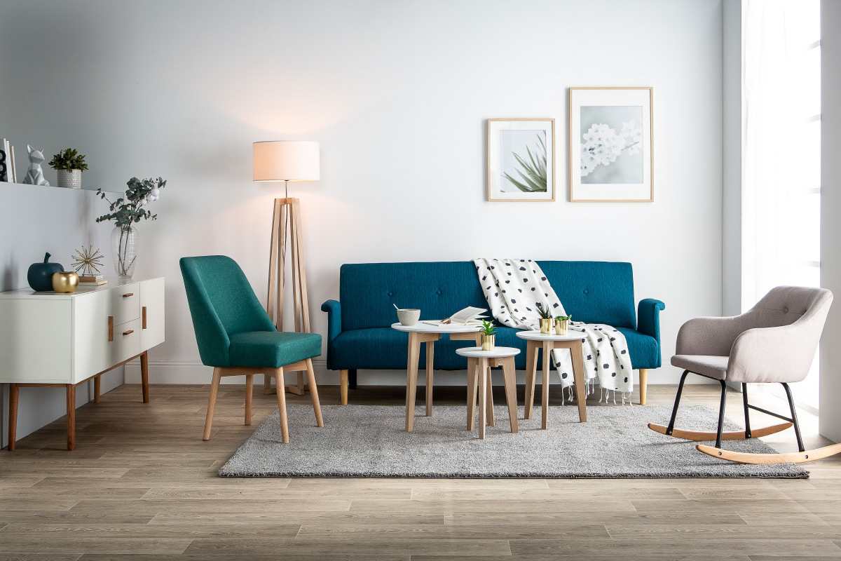 Canap convertible scandinave 3 places en tissu beige et bois clair OSCAR