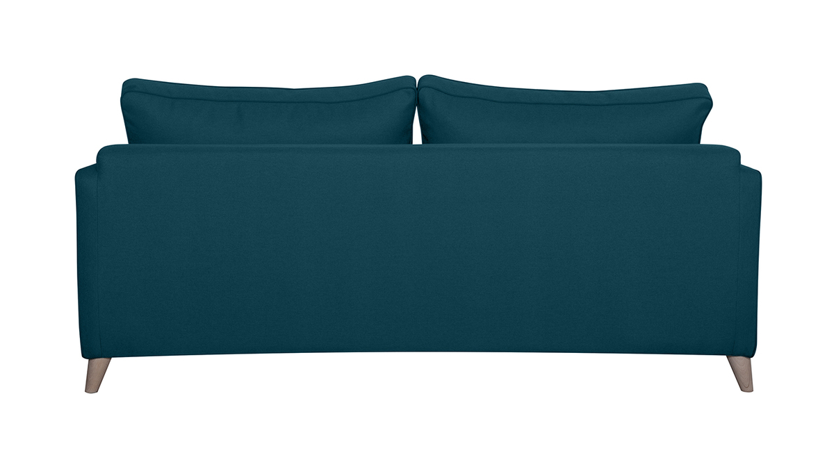 Canap convertible scandinave 3 places en tissu bleu canard et bois clair avec matelas 10 cm PAPEL