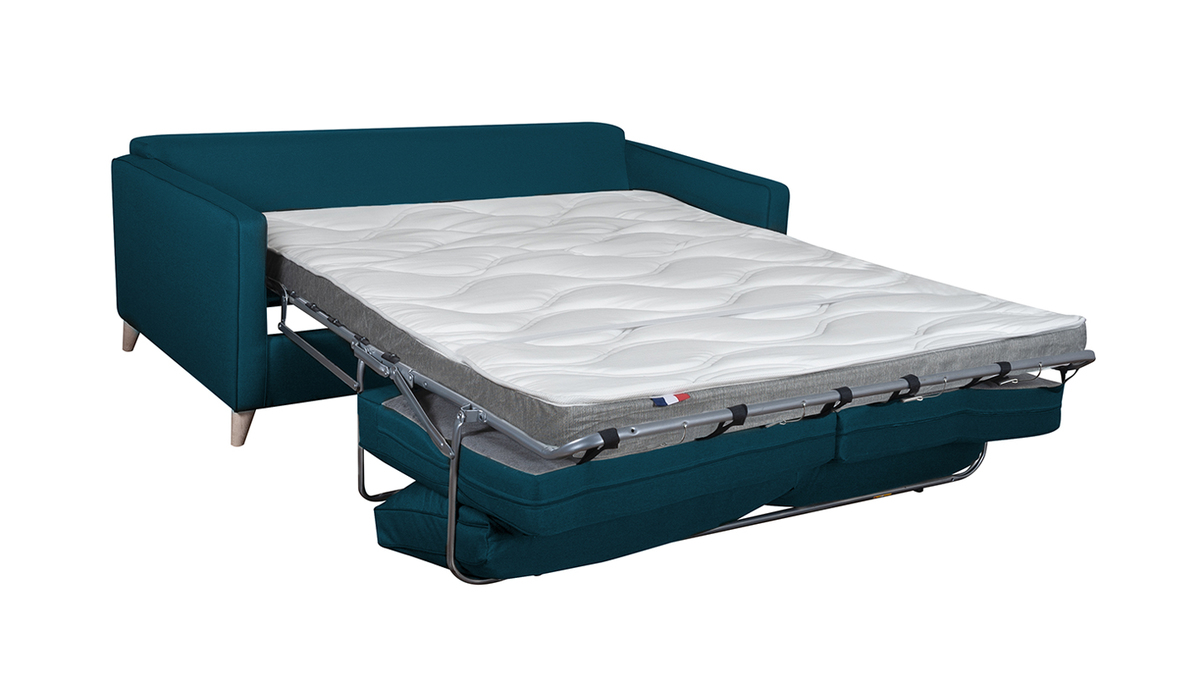 Canap convertible scandinave 3 places en tissu bleu canard et bois clair avec matelas 10 cm PAPEL