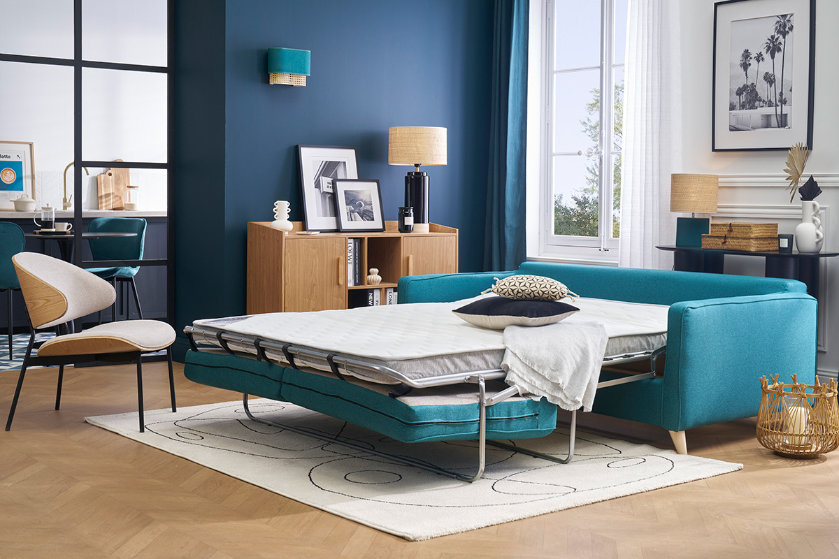 Canap� convertible scandinave 3 places en tissu bleu canard et bois clair avec matelas 10 cm PAPEL