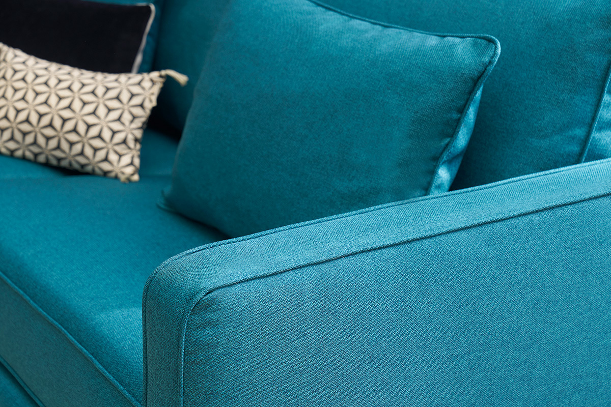 Canap� convertible scandinave 3 places en tissu bleu canard et bois clair avec matelas 10 cm PAPEL