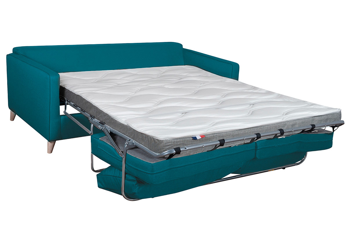 Canap� convertible scandinave 3 places en tissu bleu canard et bois clair avec matelas 10 cm PAPEL