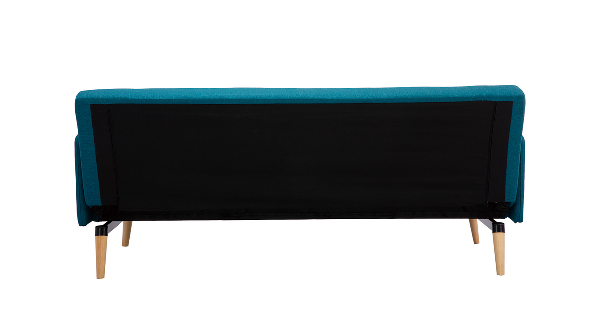 Canap convertible scandinave 3 places en tissu bleu canard et bois clair LULA
