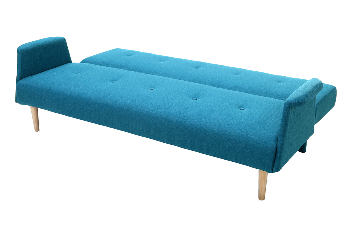 Canap� convertible scandinave 3 places en tissu bleu canard et bois clair OSCAR