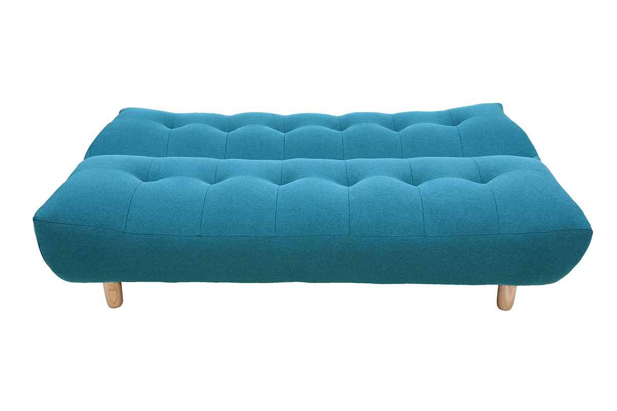 Canapé convertible scandinave 3 places en tissu bleu canard et bois clair YUMI