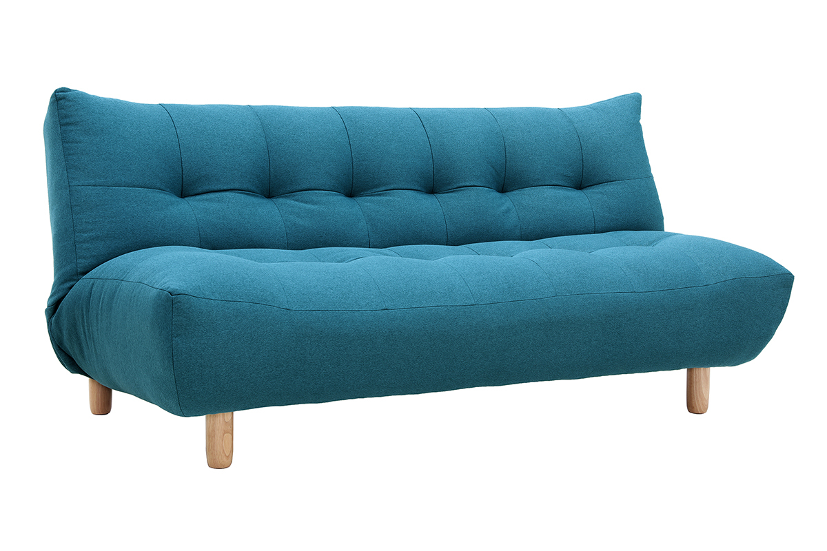 Canapé convertible scandinave 3 places en tissu bleu canard et bois clair YUMI