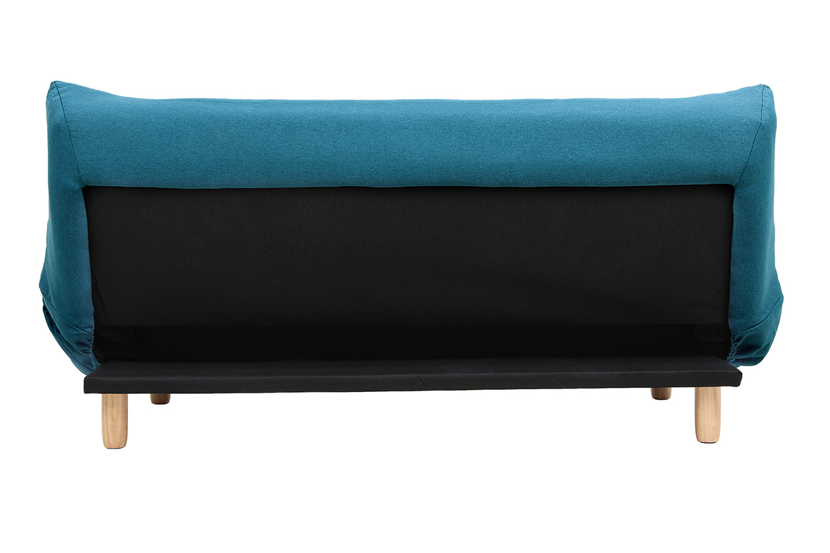Canapé convertible scandinave 3 places en tissu bleu canard et bois clair YUMI