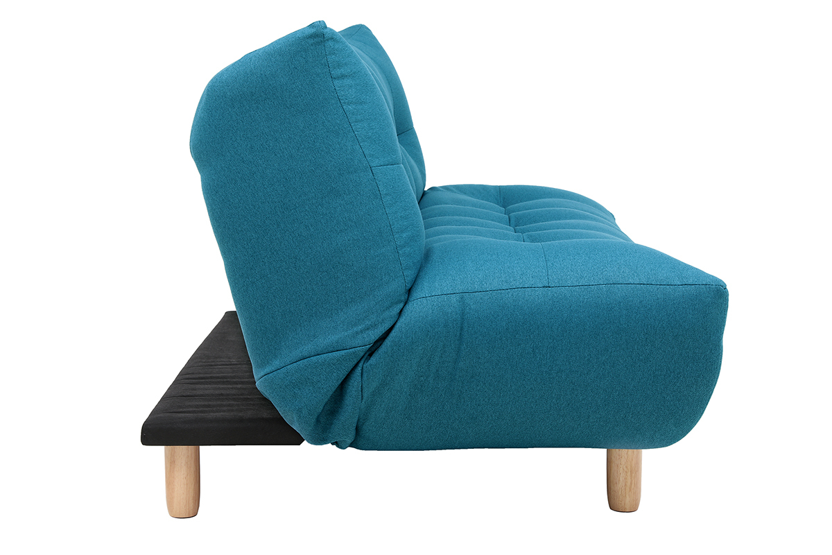 Canapé convertible scandinave 3 places en tissu bleu canard et bois clair YUMI