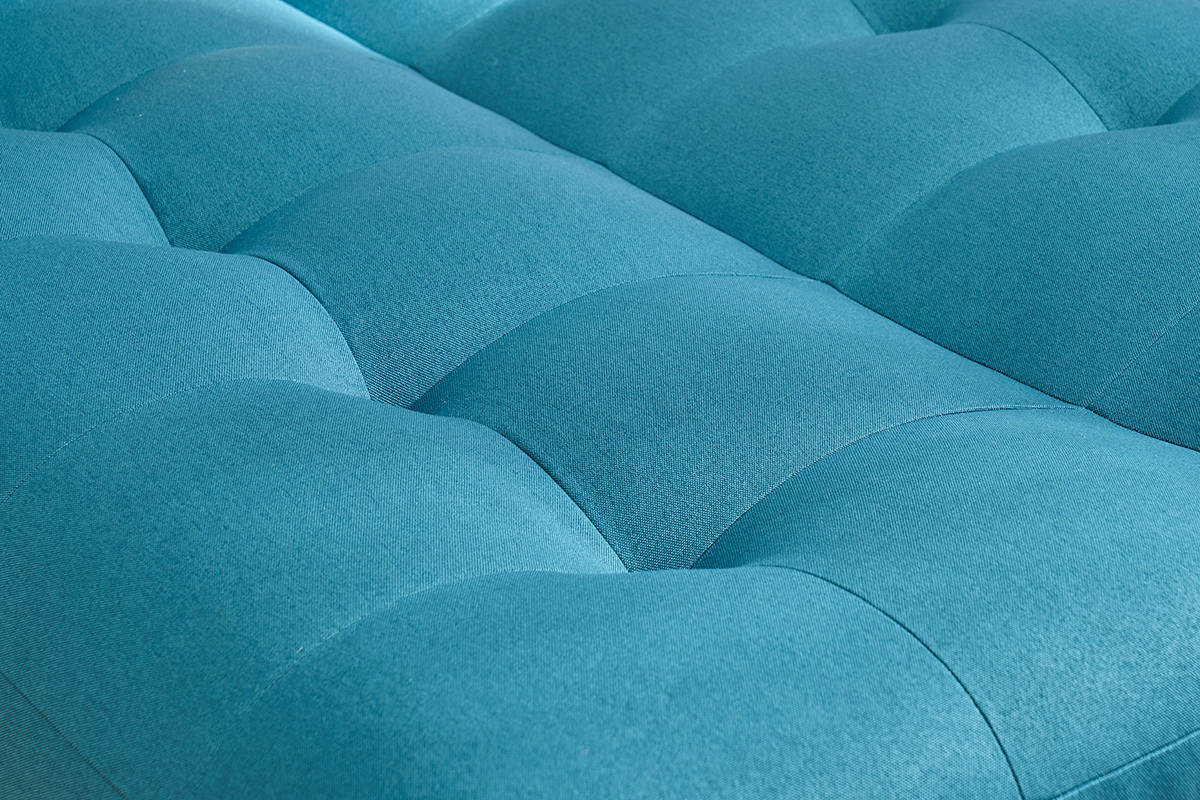 Canap convertible scandinave 3 places en tissu bleu canard et bois clair YUMI