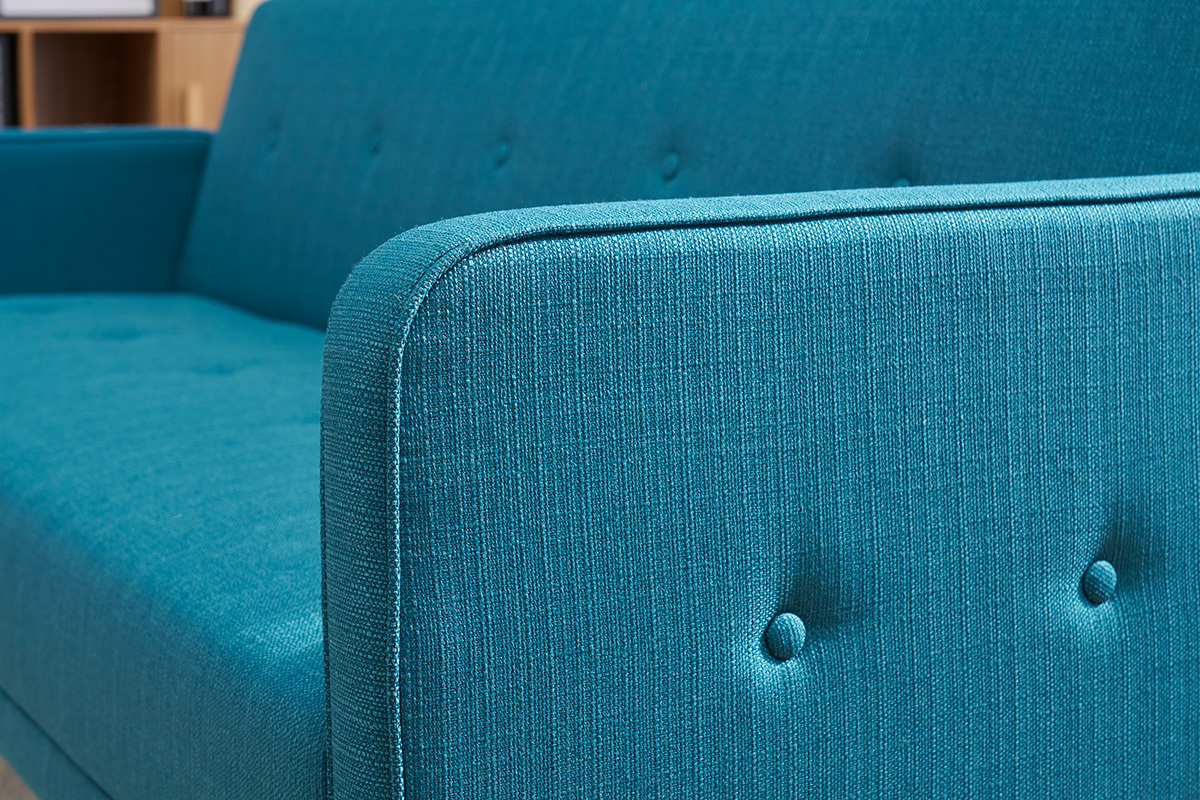 Canap� convertible scandinave 3 places en tissu bleu et bois clair ULLA