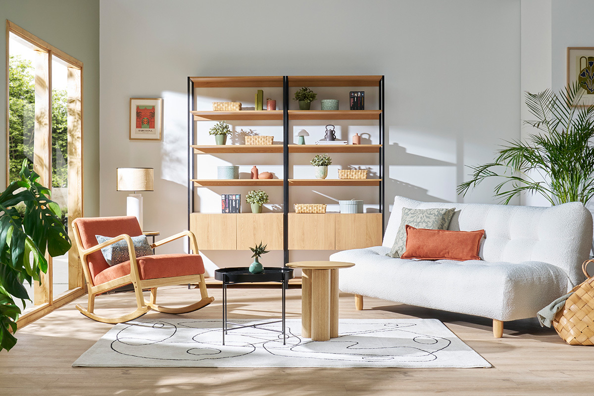 Canap� convertible scandinave 3 places en tissu chenille terre br�l�e et bois clair YUMI