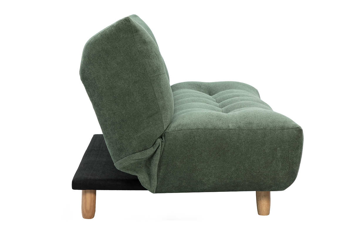Canap� convertible scandinave 3 places en tissu chenille vert kaki et bois clair YUMI