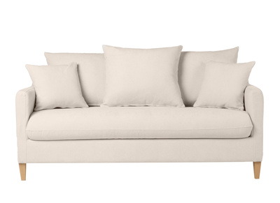 Canapé convertible scandinave 3 places en tissu effet velours beige et bois clair LOUISE