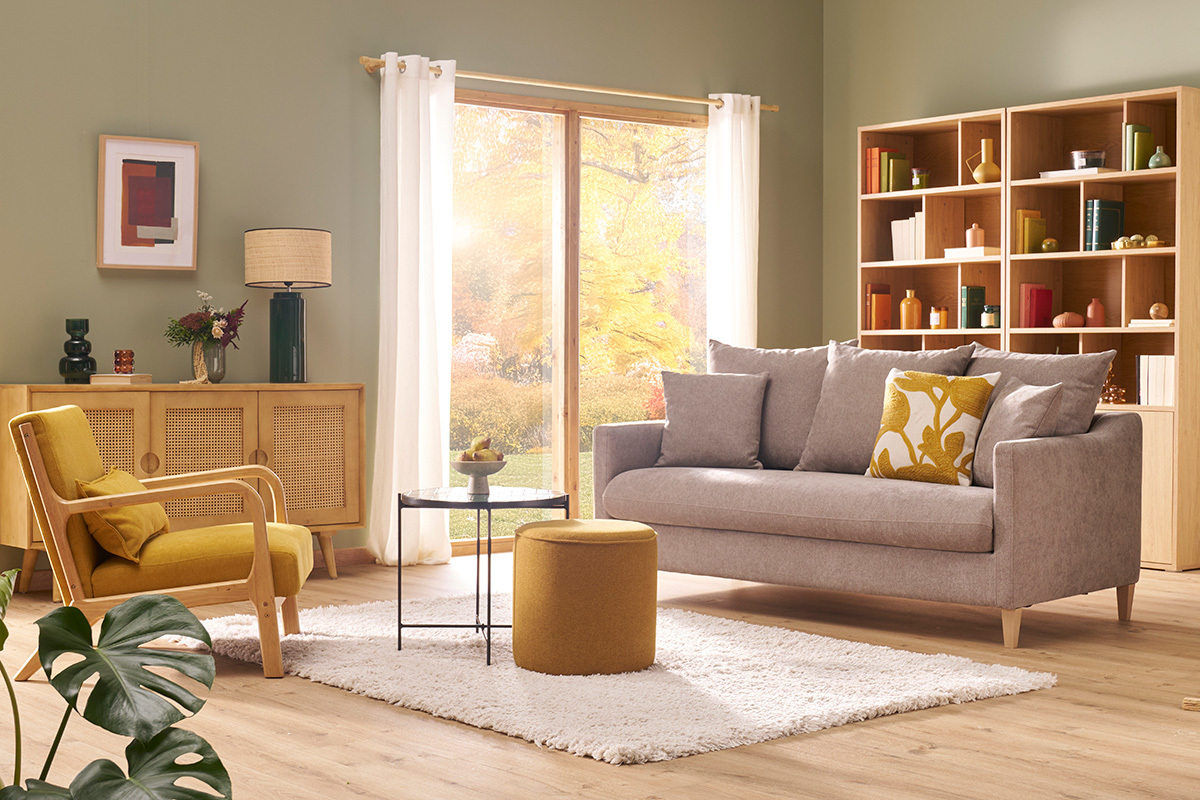 Canap convertible scandinave 3 places en tissu effet velours gris et bois clair LOUISE