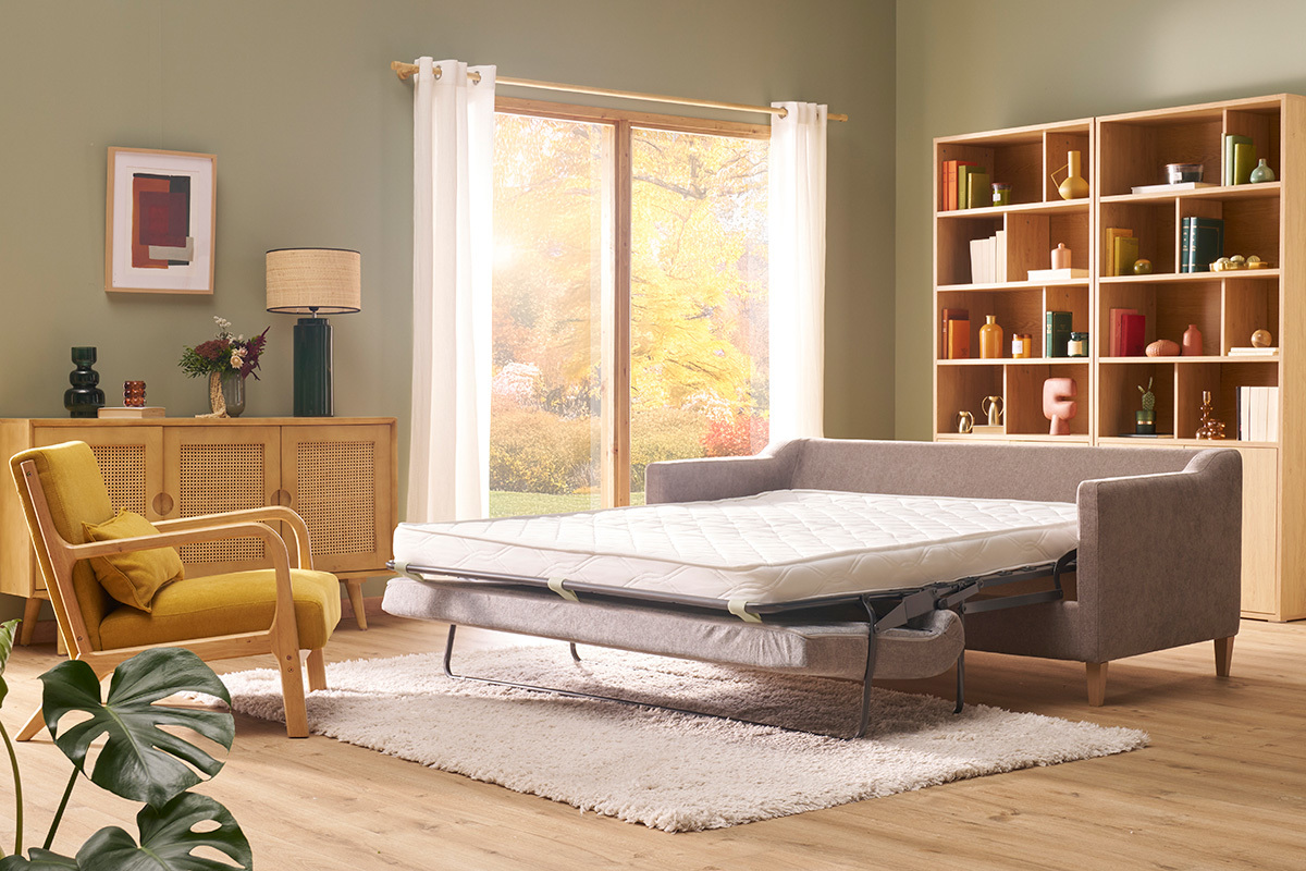 Canap convertible scandinave 3 places en tissu effet velours gris et bois clair LOUISE