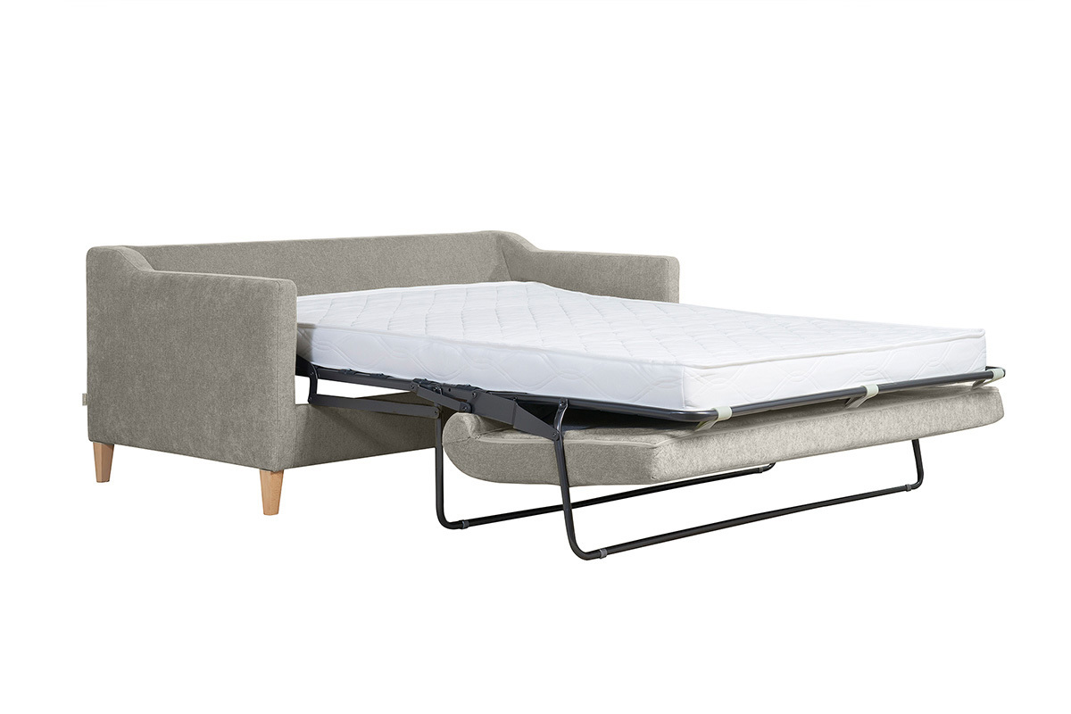 Canap convertible scandinave 3 places en tissu effet velours gris et bois clair LOUISE