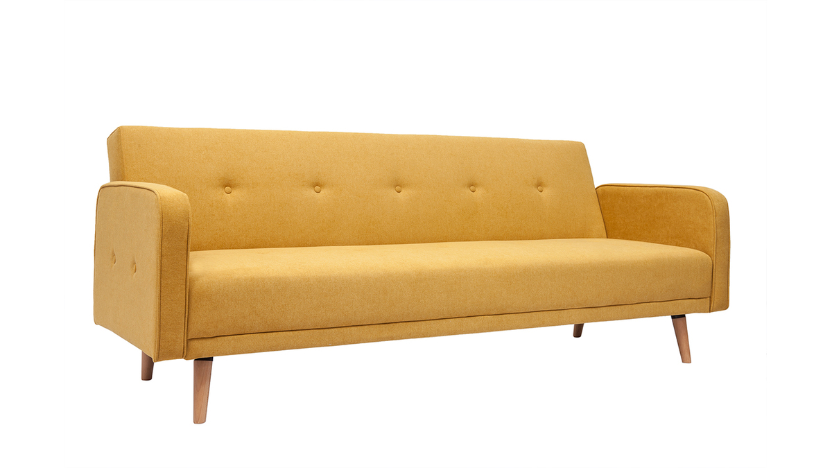 Canap convertible scandinave 3 places en tissu effet velours jaune moutarde et bois clair ULLA