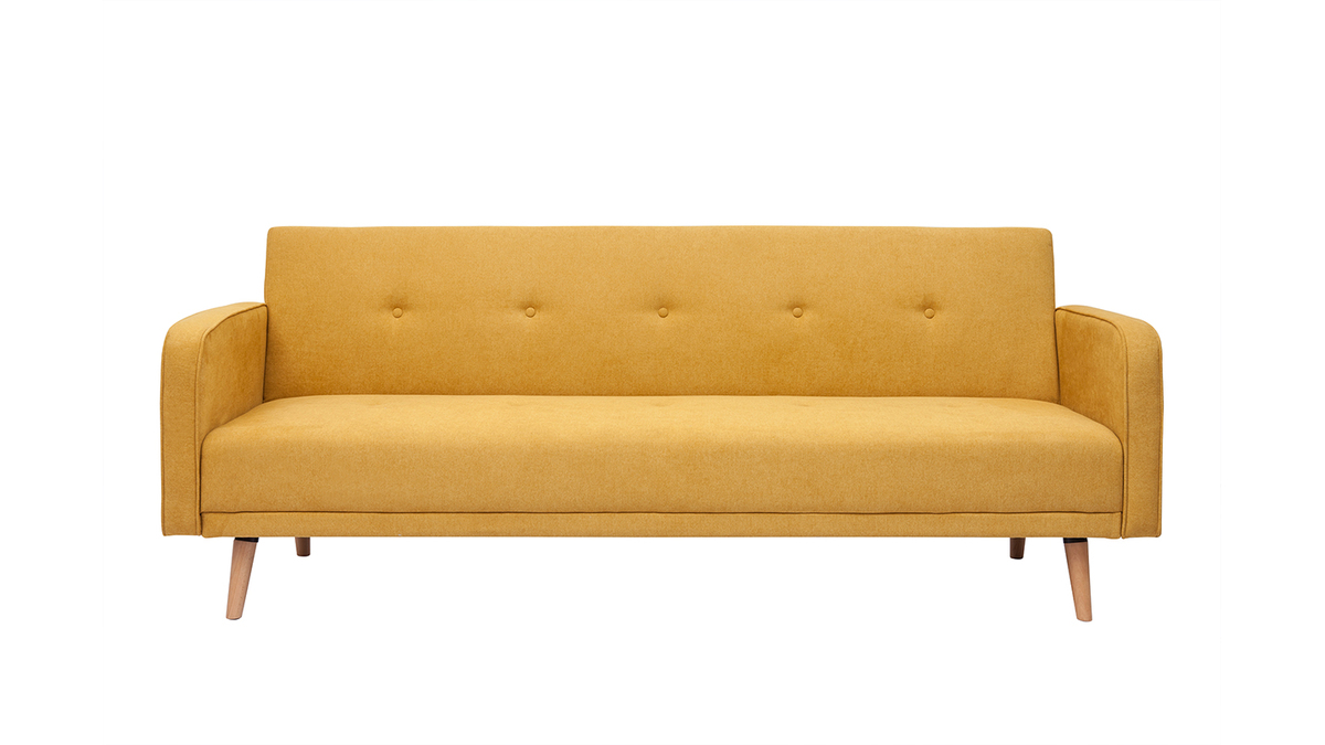 Canap convertible scandinave 3 places en tissu effet velours jaune moutarde et bois clair ULLA