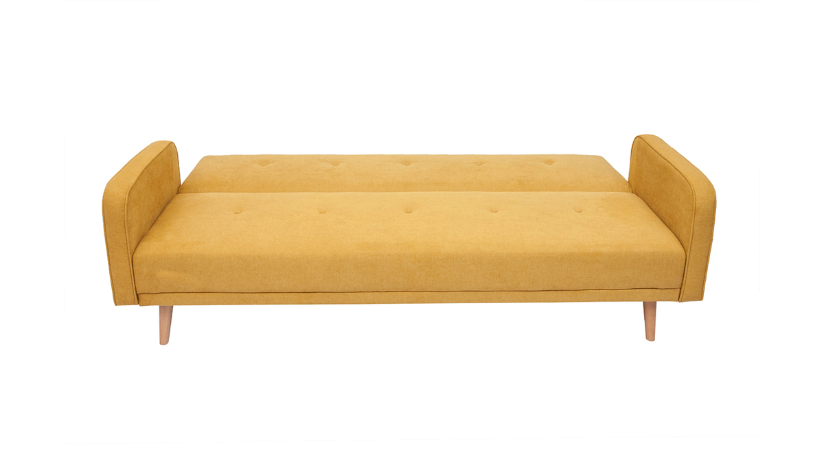 Canap convertible scandinave 3 places en tissu effet velours jaune moutarde et bois clair ULLA