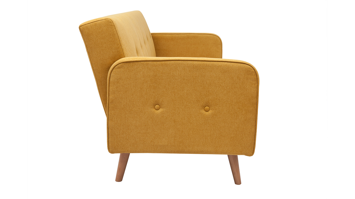 Canap convertible scandinave 3 places en tissu effet velours jaune moutarde et bois clair ULLA