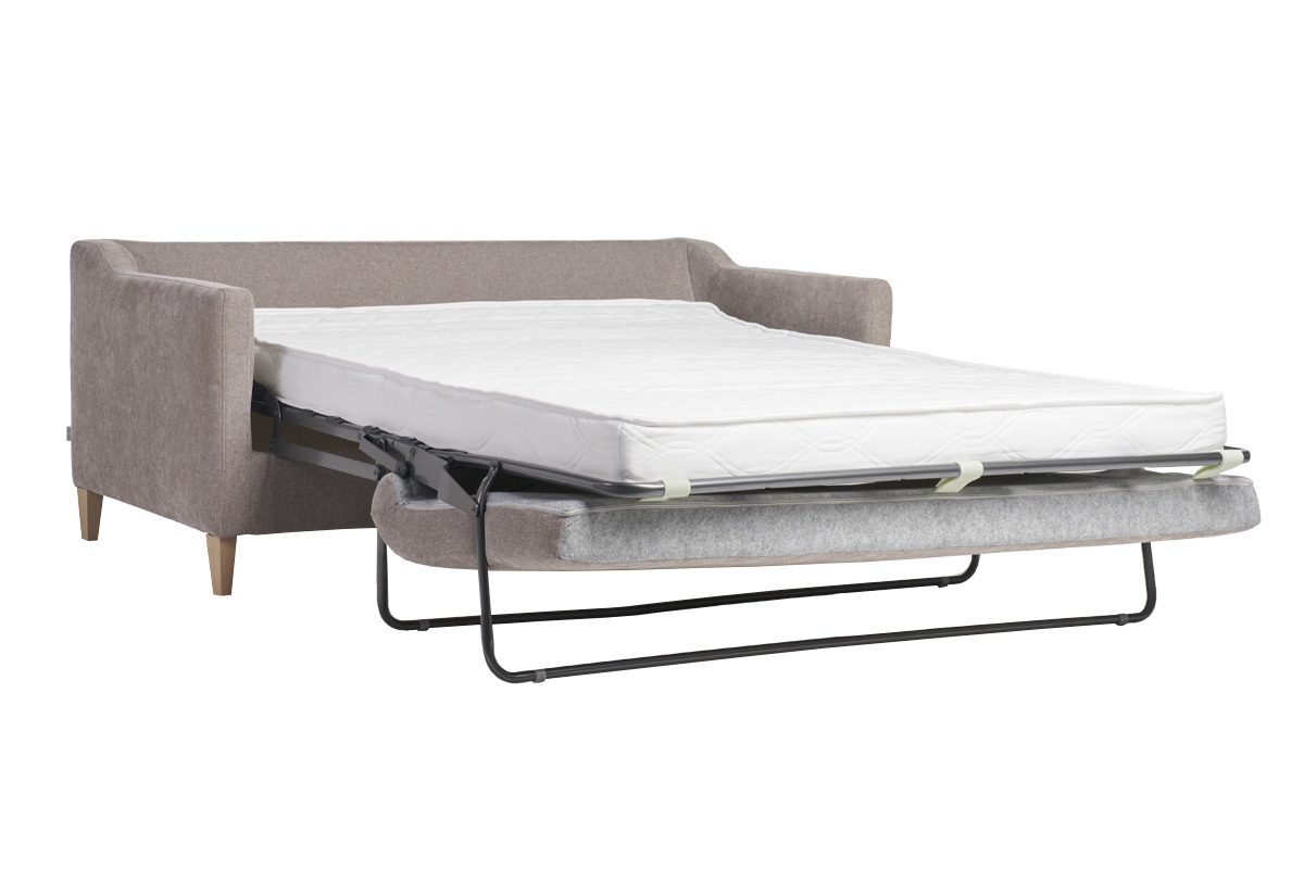 Canap� convertible scandinave 3 places en tissu effet velours taupe et bois clair LOUISE