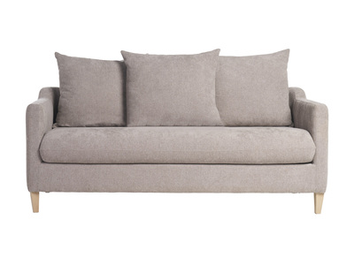 Canap&eacute; convertible scandinave 3 places en tissu effet velours taupe et bois clair LOUISE
