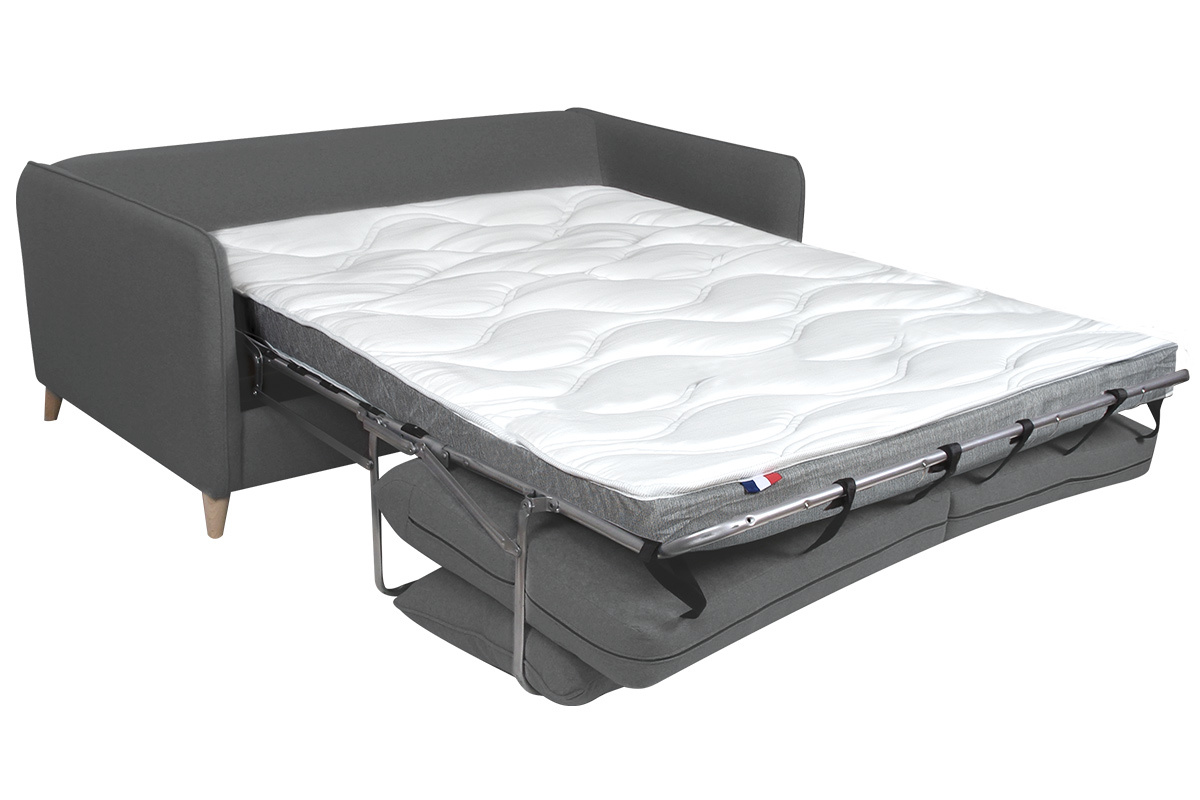 Canap� convertible scandinave 3 places en tissu gris anthracite et bois clair GUILTY