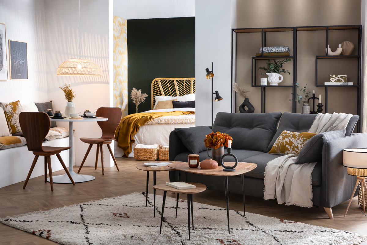 Canap� convertible scandinave 3 places en tissu gris anthracite et bois clair GUILTY