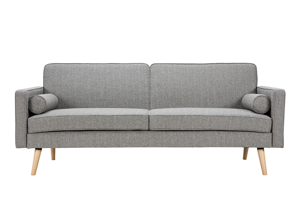 Canap convertible scandinave 3 places en tissu gris clair et bois clair MOORE