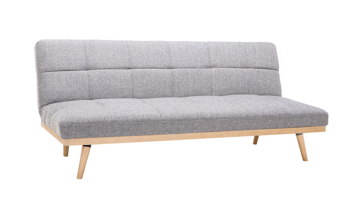 Canap convertible scandinave 3 places en tissu gris clair et bois clair SIKKO