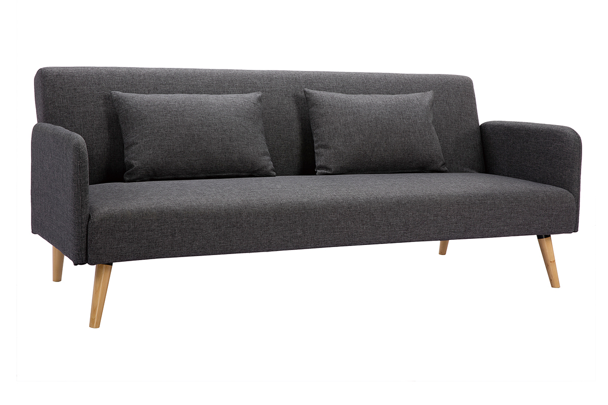 Canap convertible scandinave 3 places en tissu gris fonc et bois clair LULA