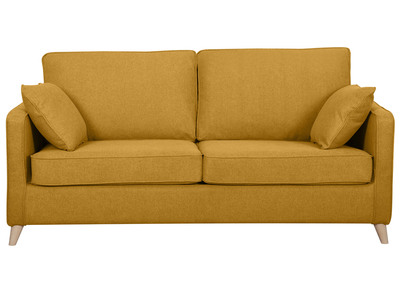 Canapé convertible scandinave 3 places en tissu jaune cumin et bois clair avec matelas 10 cm PAPEL