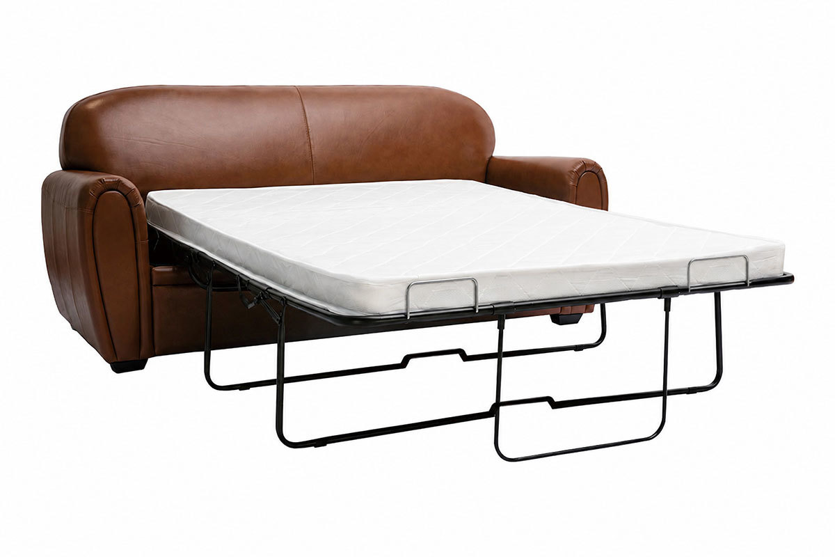 Canap� convertible vintage 3 places cuir marron et bois noir avec matelas 9 cm CLUB