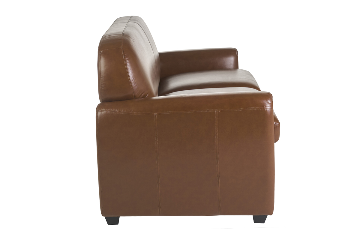 Canap� convertible vintage 3 places cuir marron et bois noir avec matelas 9 cm CLUB