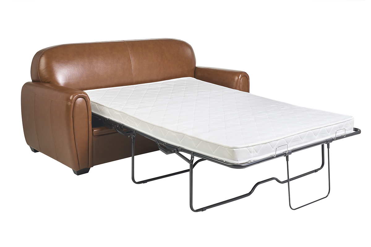 Canap� convertible vintage 3 places cuir marron et bois noir avec matelas 9 cm CLUB