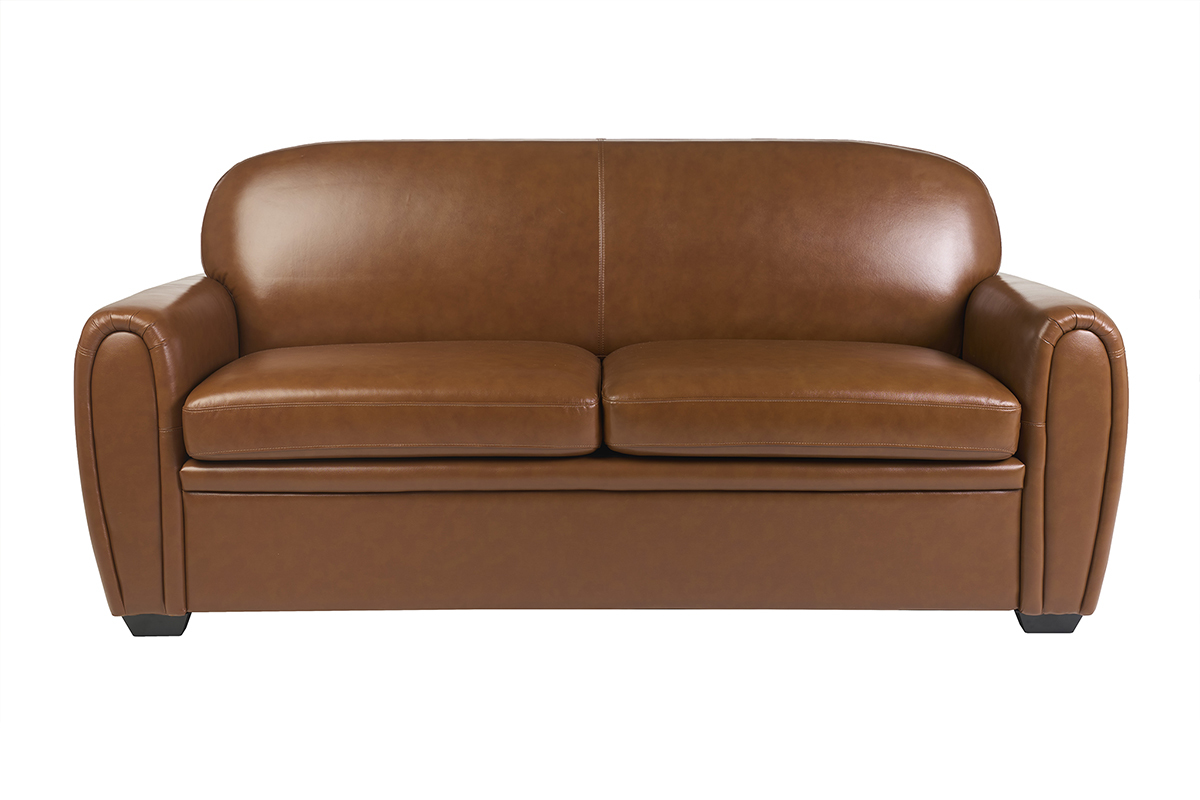 Canap� convertible vintage 3 places cuir marron et bois noir avec matelas 9 cm CLUB