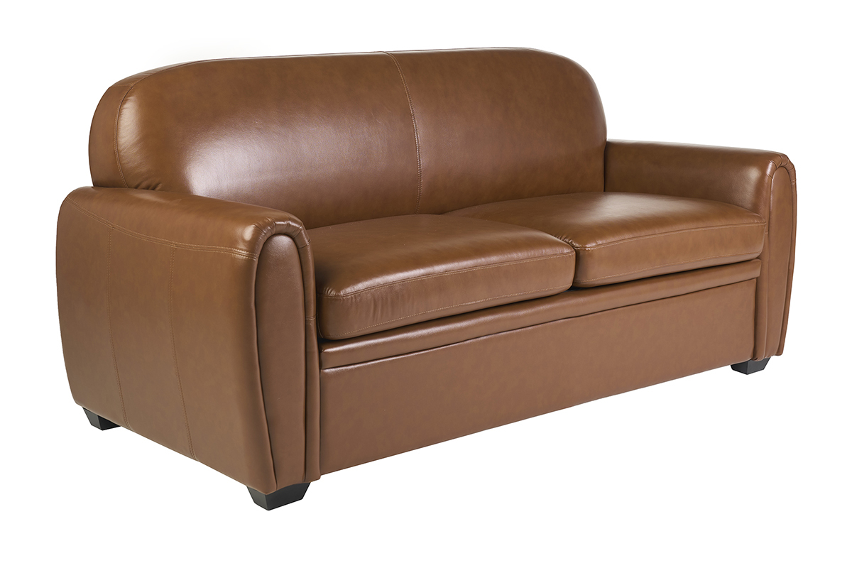 Canap� convertible vintage 3 places cuir marron et bois noir avec matelas 9 cm CLUB