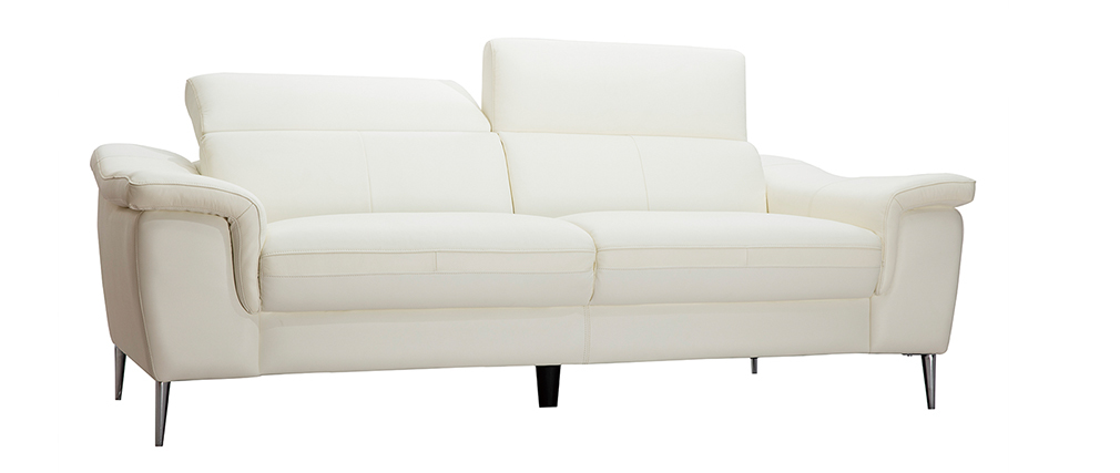 Canap� cuir 3 places blanc cass� avec t�ti�res ajustables ROMEO - cuir de buffle
