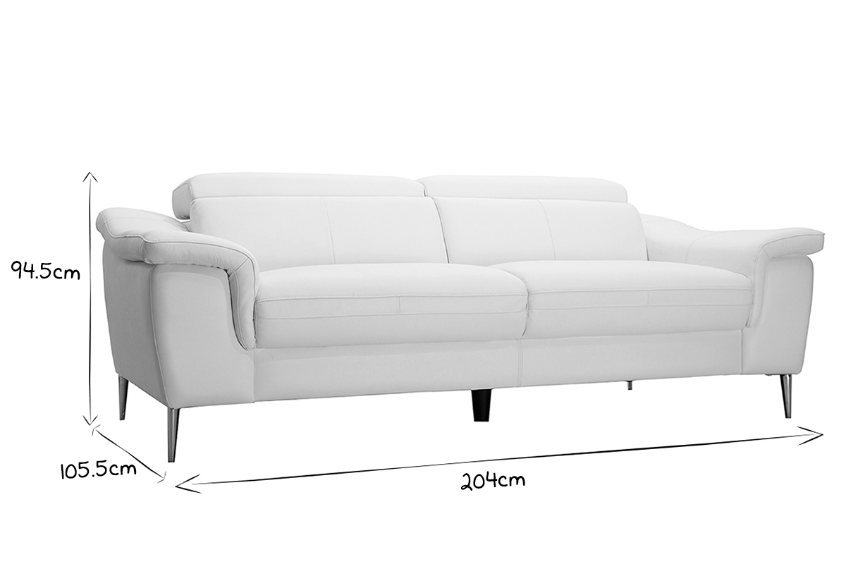 Canap cuir 3 places blanc cass avec ttires ajustables ROMEO - cuir de buffle