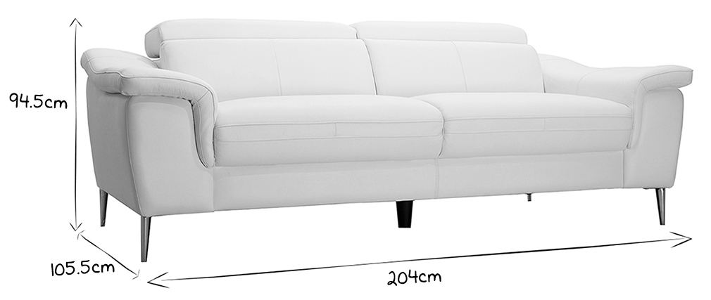 Canap� cuir 3 places blanc cass� avec t�ti�res ajustables ROMEO - cuir de buffle