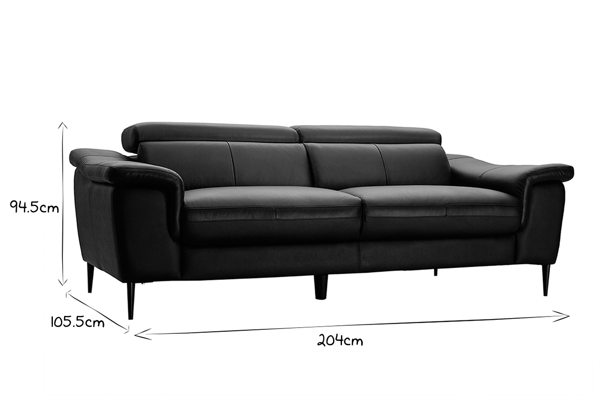Canap� cuir 3 places noir avec t�ti�res ajustables ROMEO - cuir de buffle