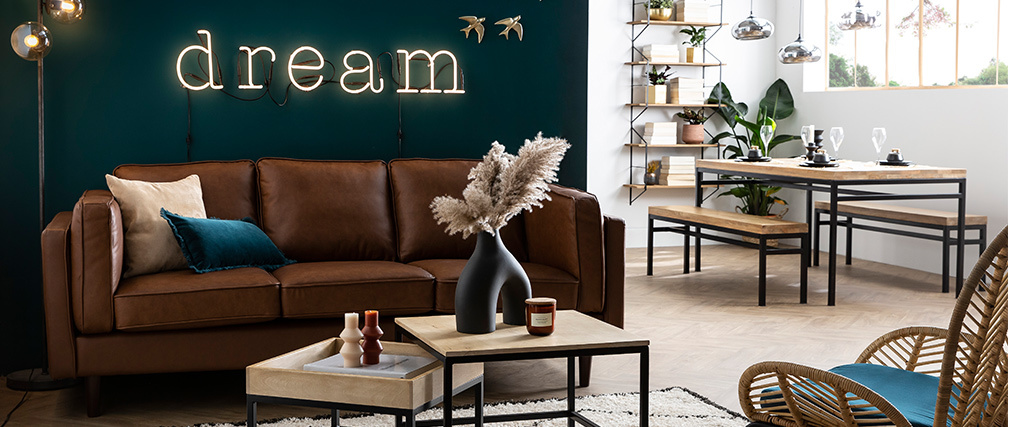 Canap� cuir vintage 3 places marron BRADLEY - cuir de buffle