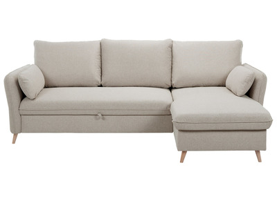 Canapé d'angle convertible réversible avec coffre 3-4 places en tissu beige et bois clair DRISS
