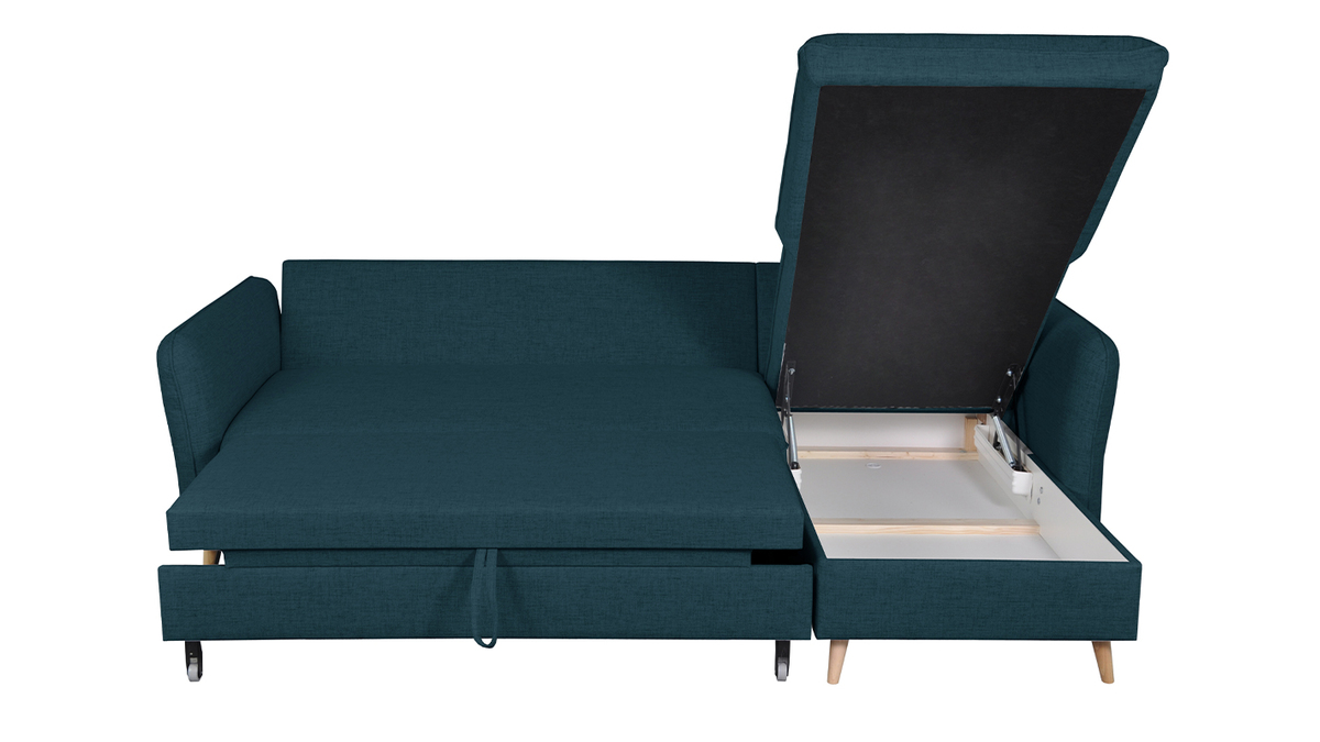 Canap d'angle convertible rversible avec coffre 3-4 places en tissu bleu ocan et bois clair DRISS