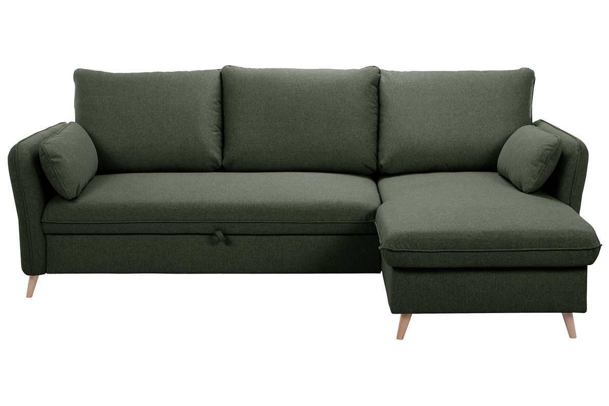 Canap d'angle convertible rversible avec coffre 3-4 places en tissu vert kaki et bois clair DRISS