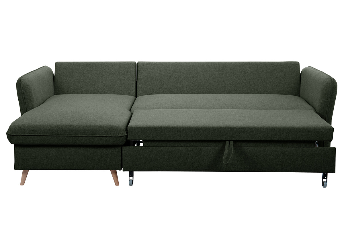 Canap d'angle convertible rversible avec coffre 3-4 places en tissu vert kaki et bois clair DRISS