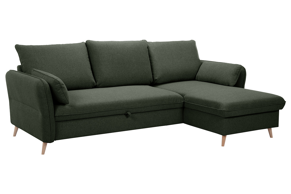 Canap d'angle convertible rversible avec coffre 3-4 places en tissu vert kaki et bois clair DRISS