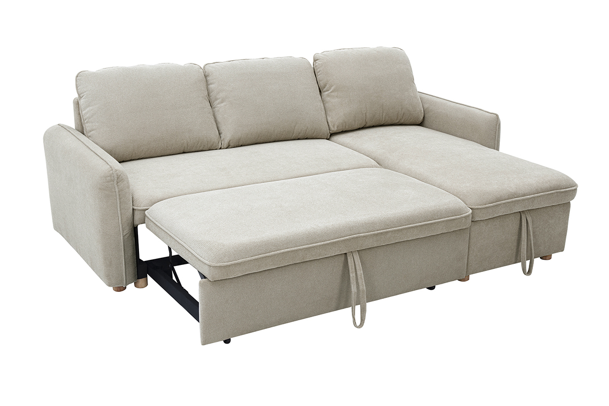 Canap� d'angle convertible r�versible avec coffre 3 places en tissu chenille beige et bois clair ORSO