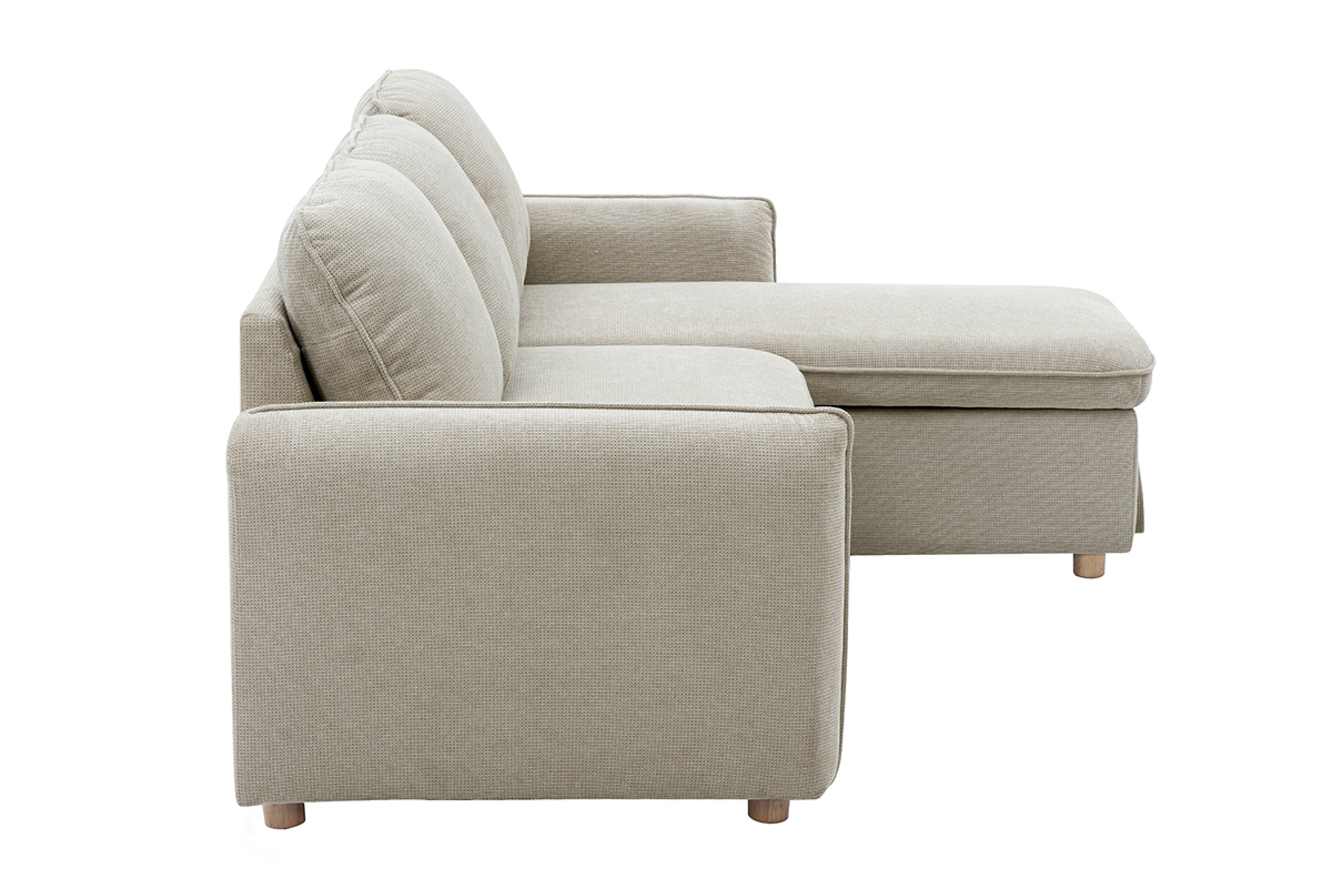 Canap� d'angle convertible r�versible avec coffre 3 places en tissu chenille beige et bois clair ORSO