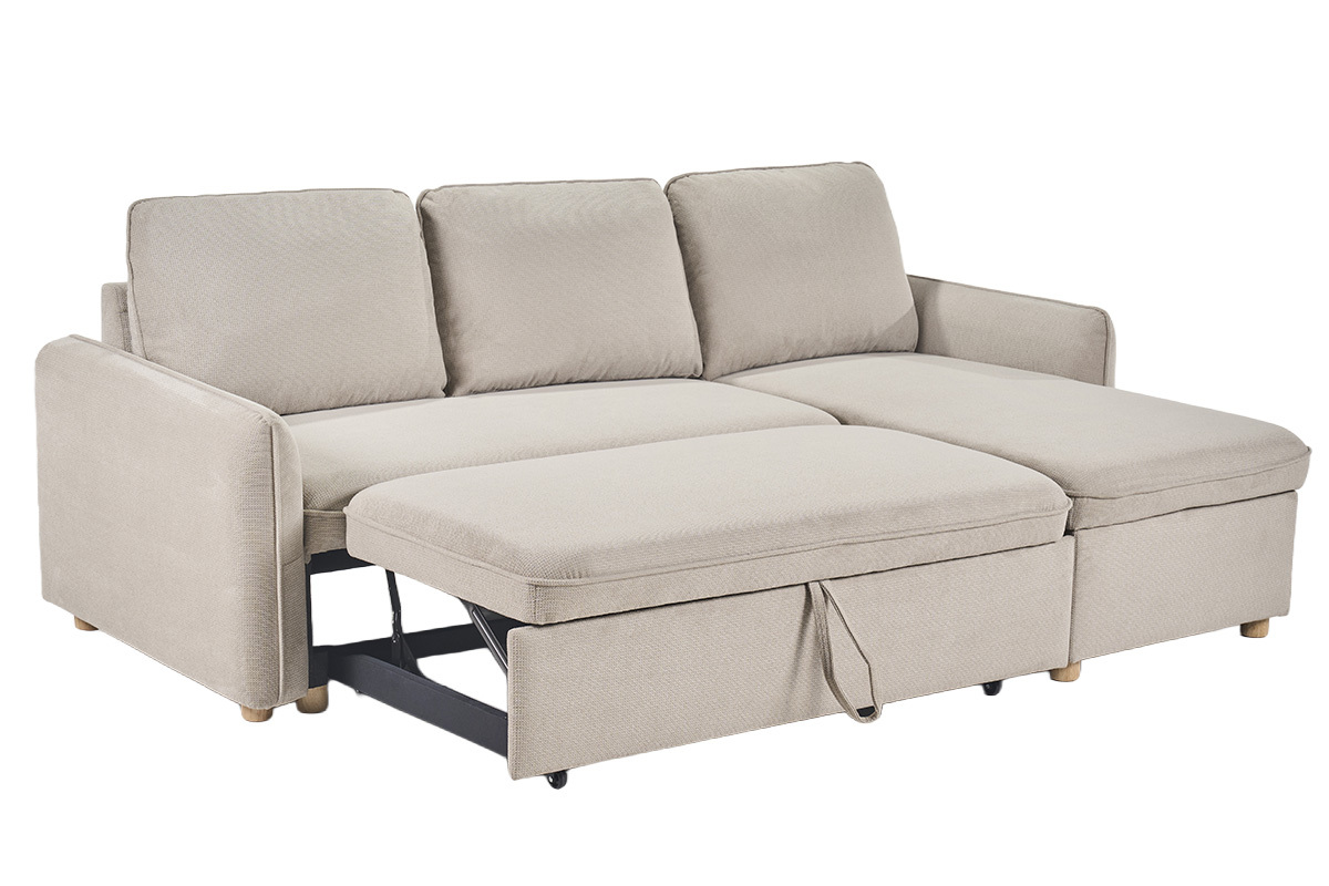 Canap� d'angle convertible r�versible avec coffre 3 places en tissu chenille beige et bois clair ORSO